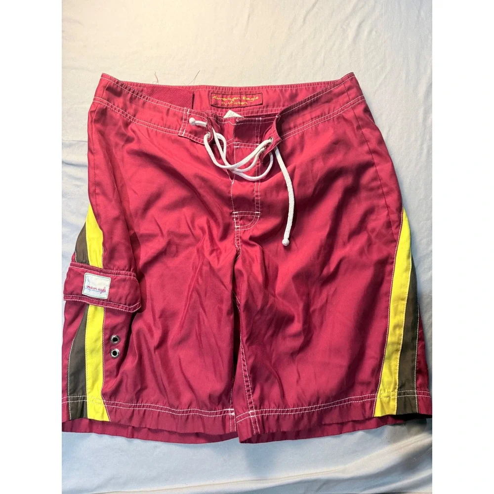 American Eagle Outfitters Mens Board Shorts Red Yellow Stripe Swim Trunk Size 34